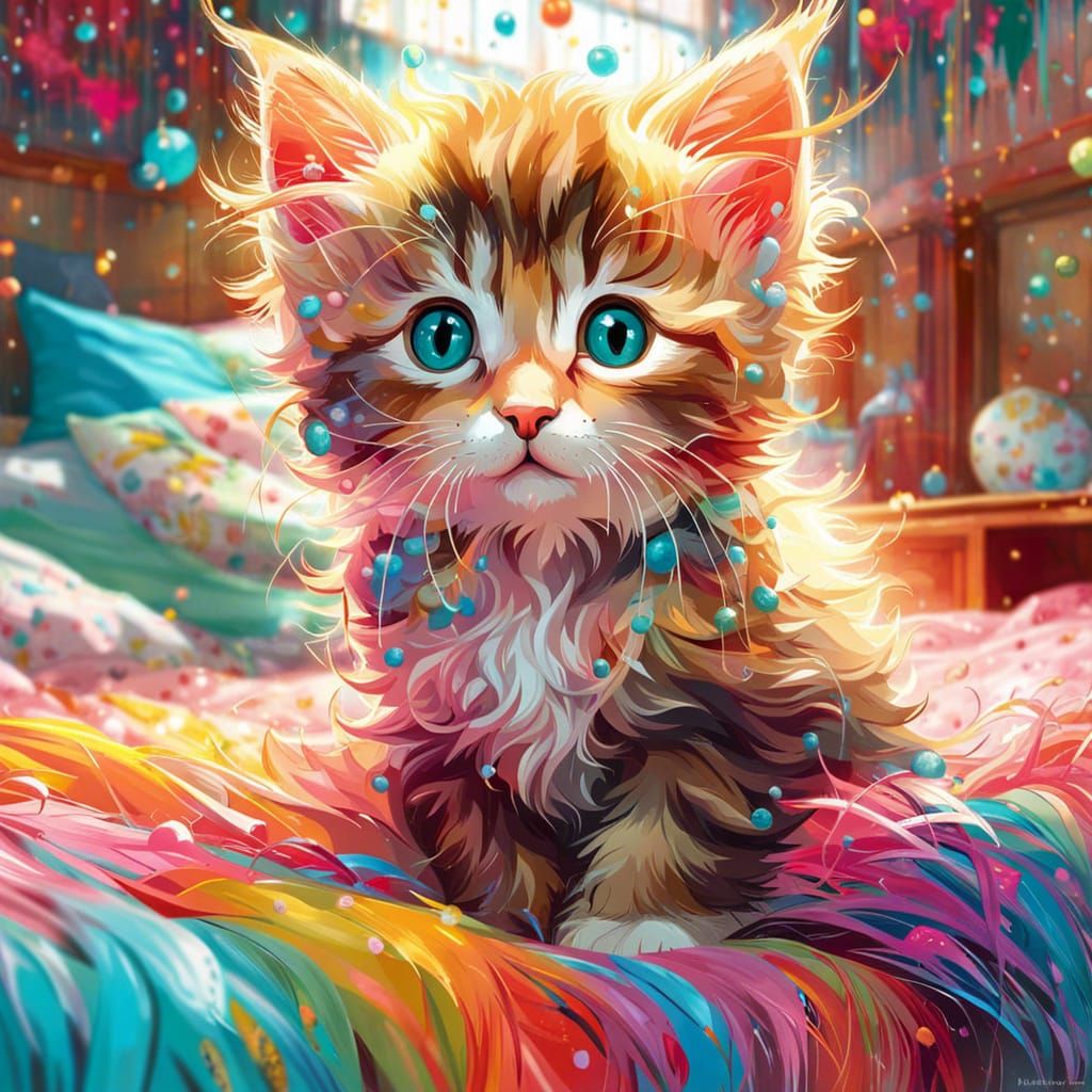 Cute Kitten Playing: Whimsical Digital Illustration
