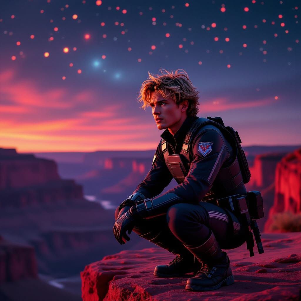 Man on Alien Cliff Edge in Cinematic Style