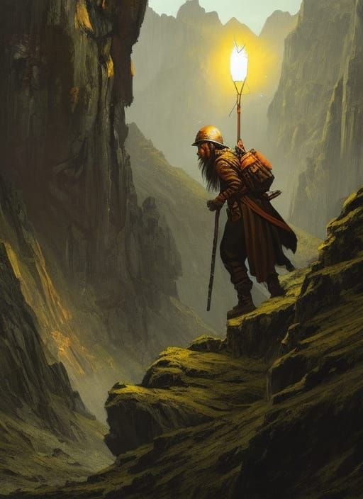 Woman Exploring Dark Cave in Hyperdetailed Painting