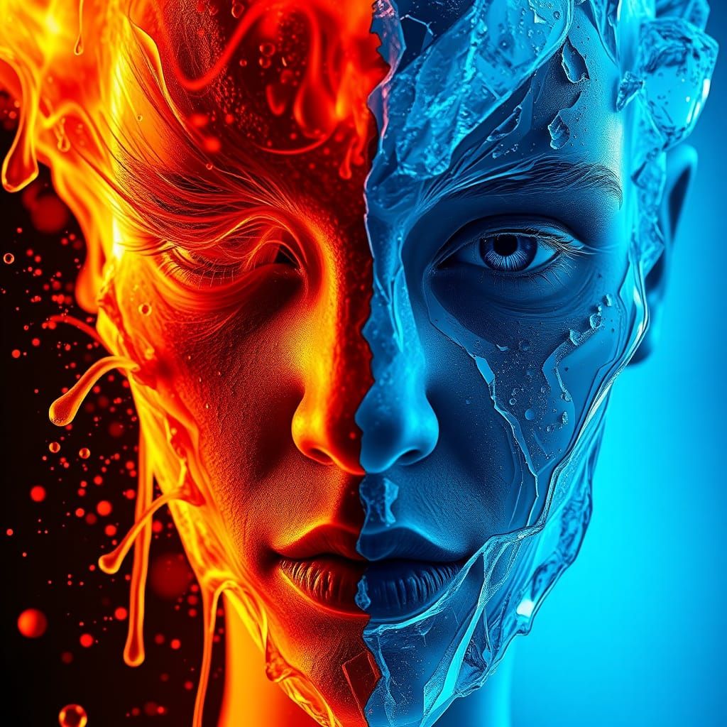 Fiery Face Versus Icy Sculpture: Surreal Portrait