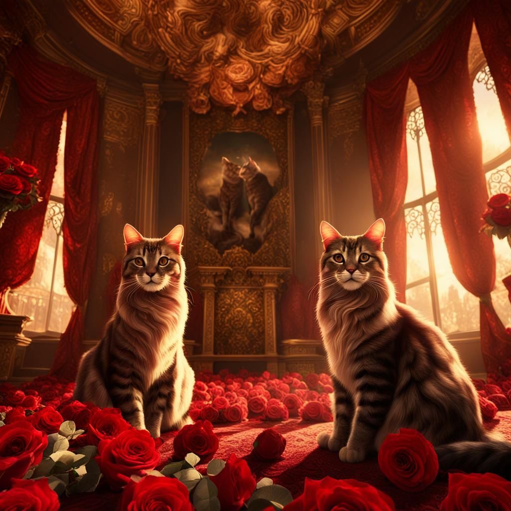 Regal Cats Surrounded by Roses in Baroque Interior