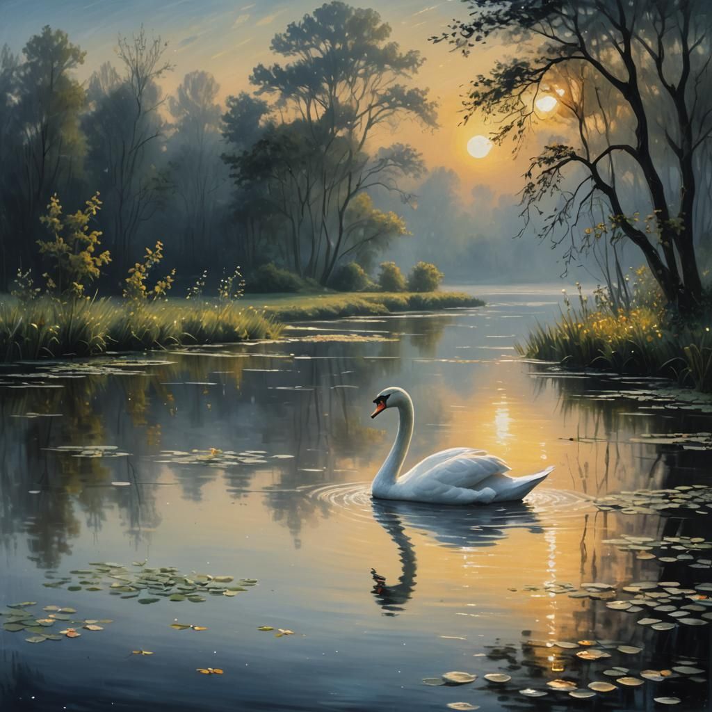 White Swan on Moonlit Pond as Impressionist Oil Painting