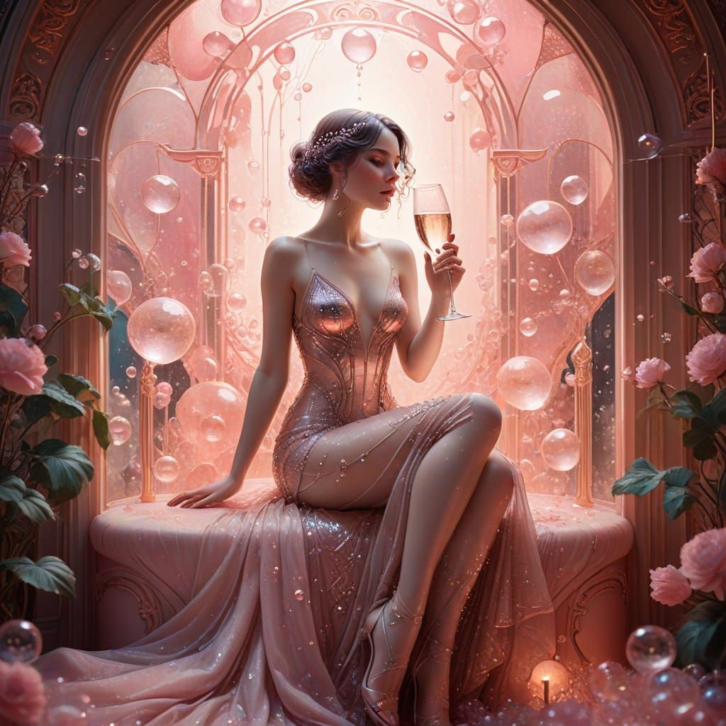 Woman in Champagne Glass, Art Deco Illustration