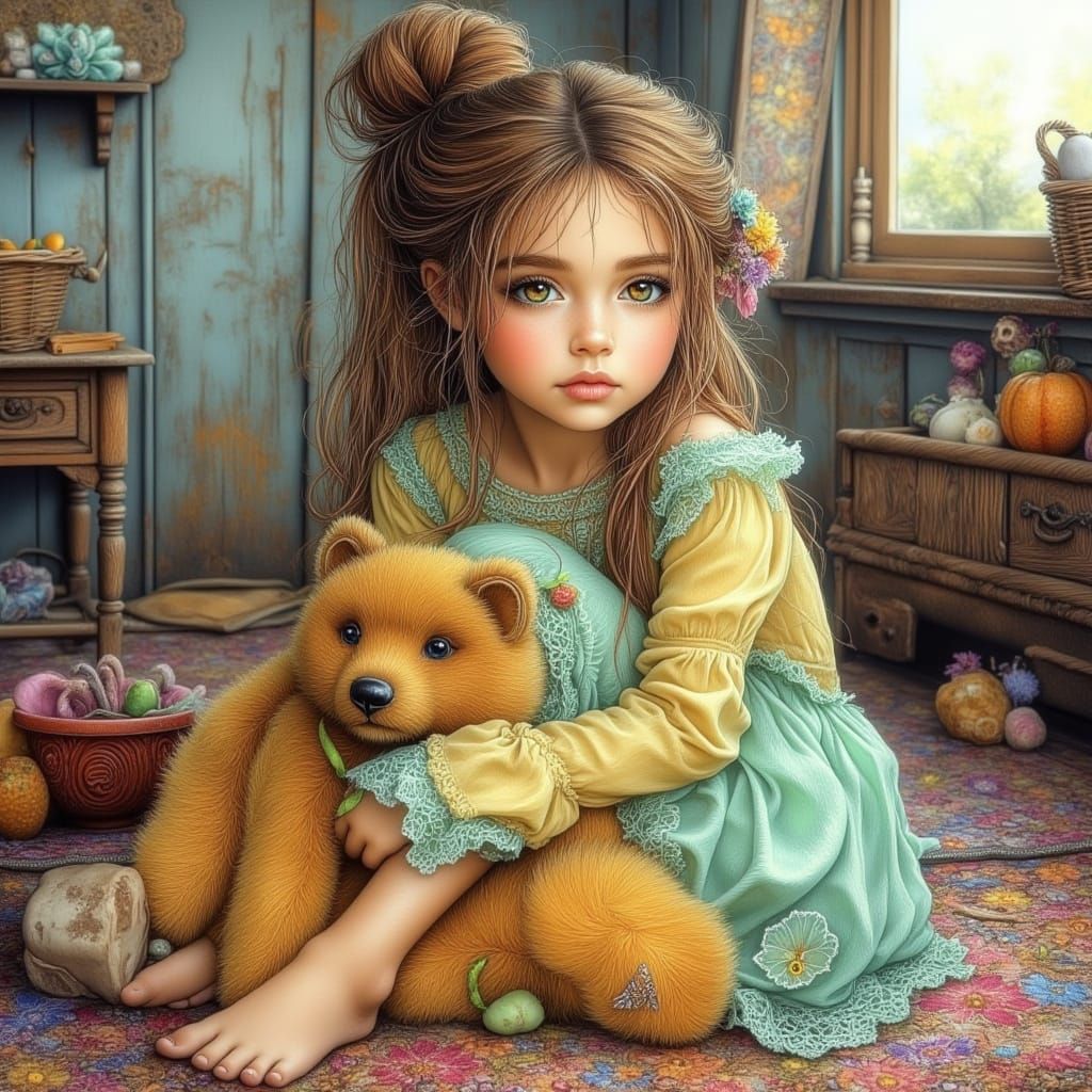 Girl Hugs Teddy Bear in Country Bedroom