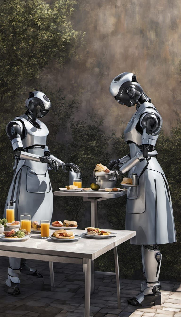 Robotic Maid Cleaning in Sunlight Oil Painting