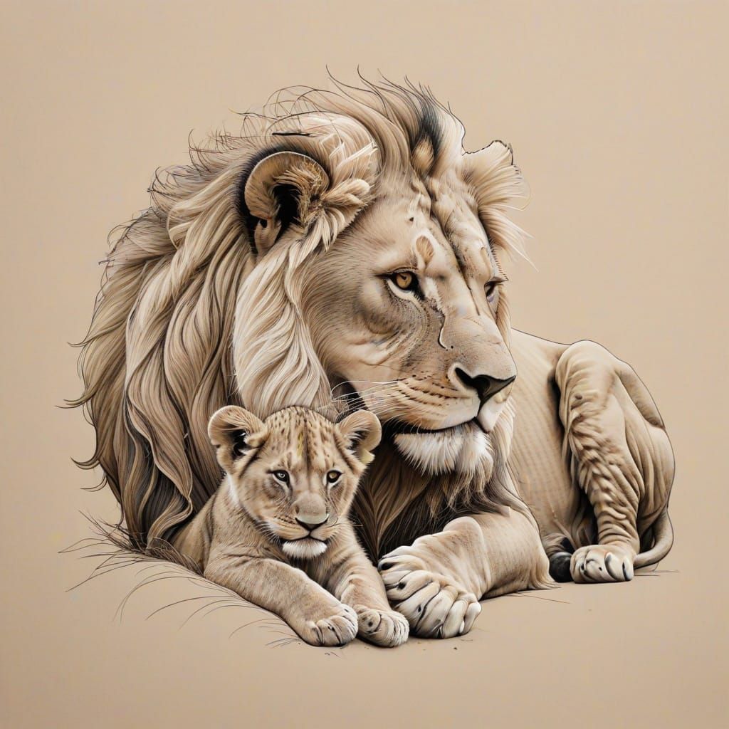 Lion and Cub Single Line Drawing in Warm Earthy Tones