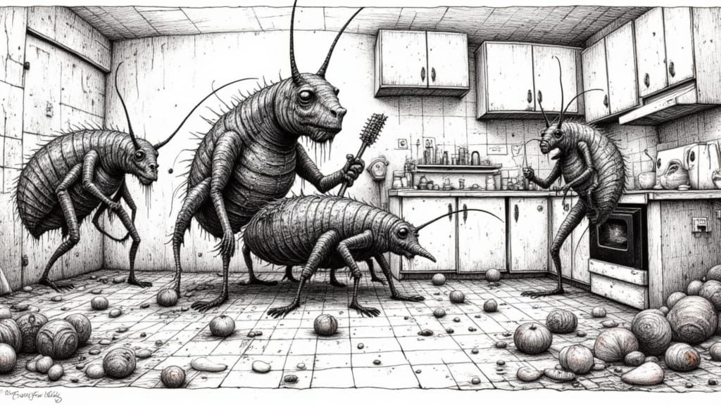Punk Rock Cockroach Band Performs in Grimy Kitchen