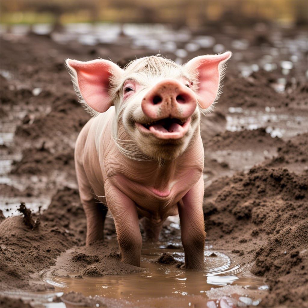 Happy Pig Wallowing in Mud