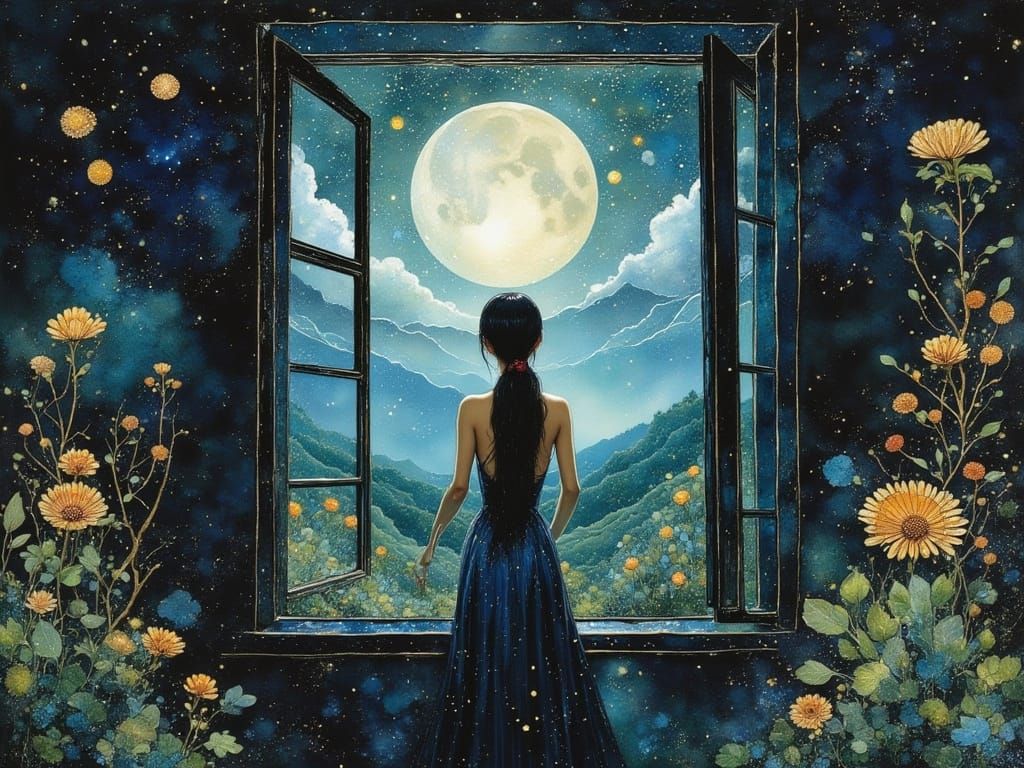 Korean Woman Silhouetted Against Moonlight at Window