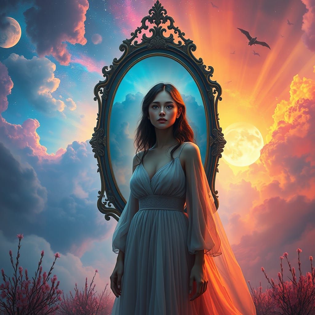 Ethereal Woman in Dreamlike Landscape with Ornate Mirror