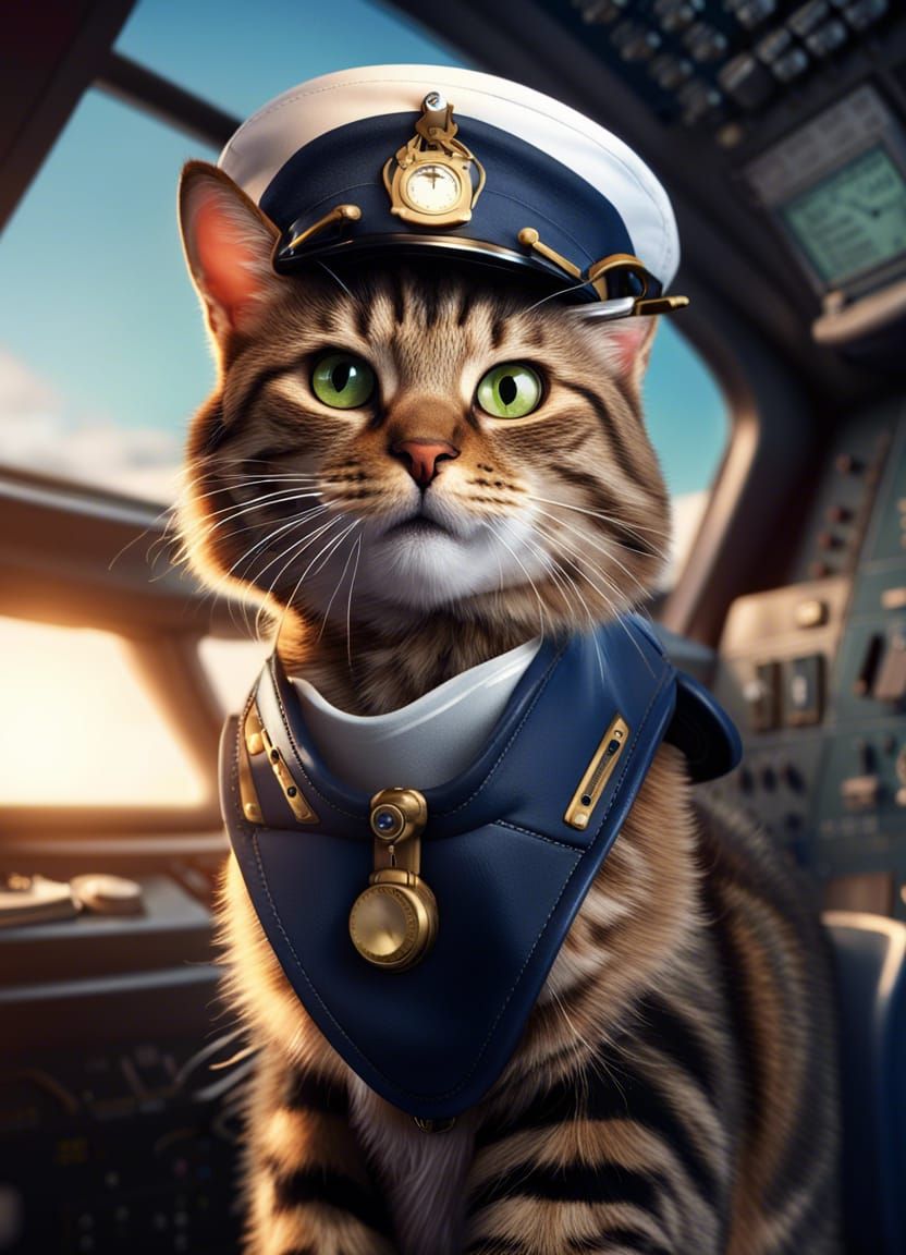 Captain Tabby in a 747 cockpit