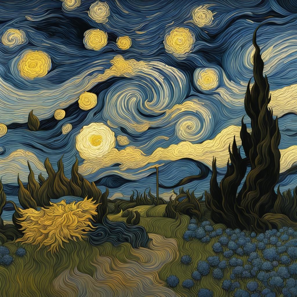 Starry Night in Line Art Style