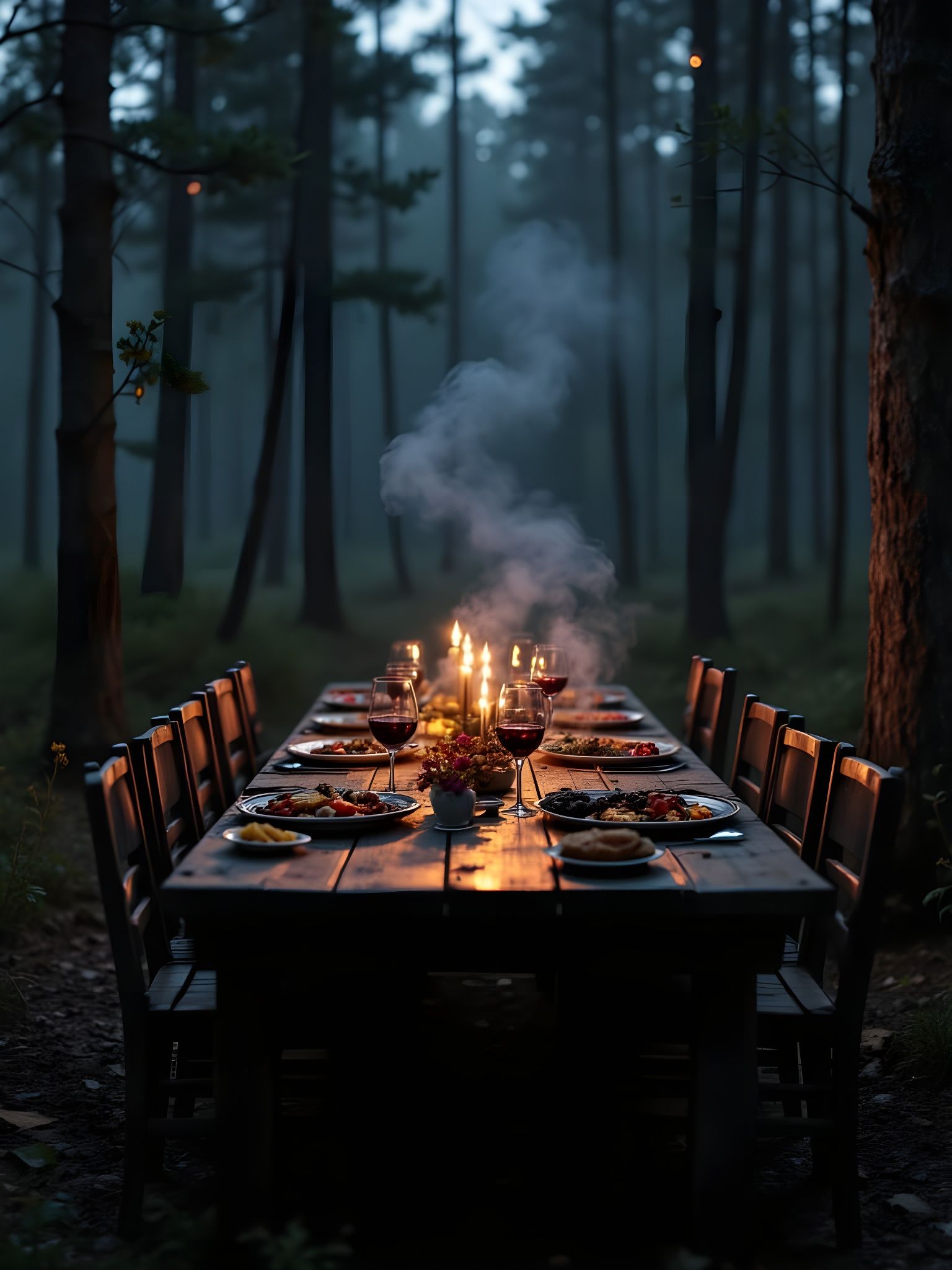 Rustic Dining Table in Forest Clearing at Night