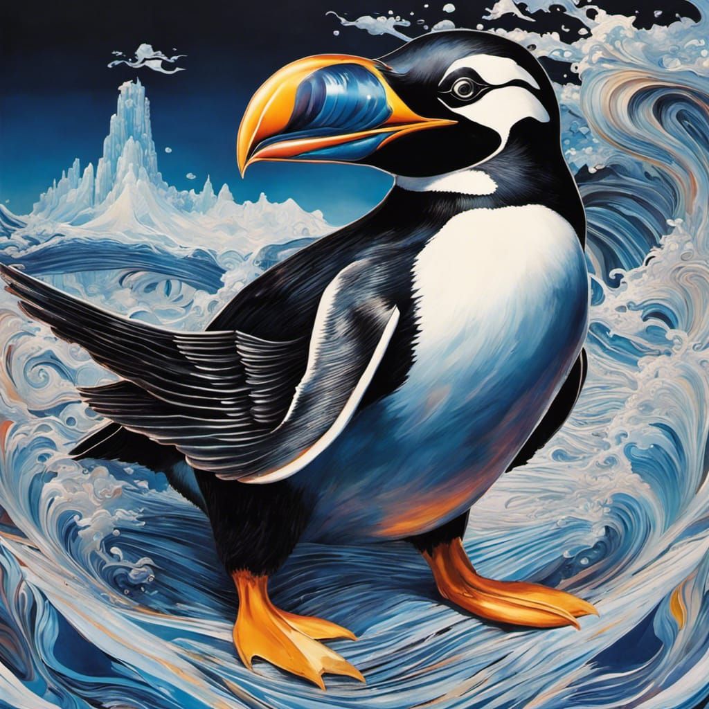 Penguin Pirate on Fantasy Ship, Marbling Oil Gouache