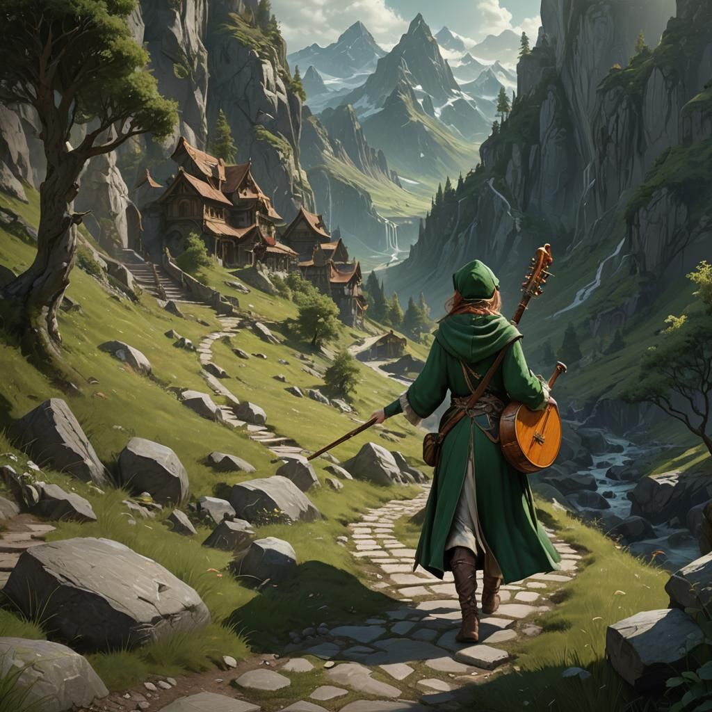 Elf Bard on Mountain Path in Dark Fantasy Style