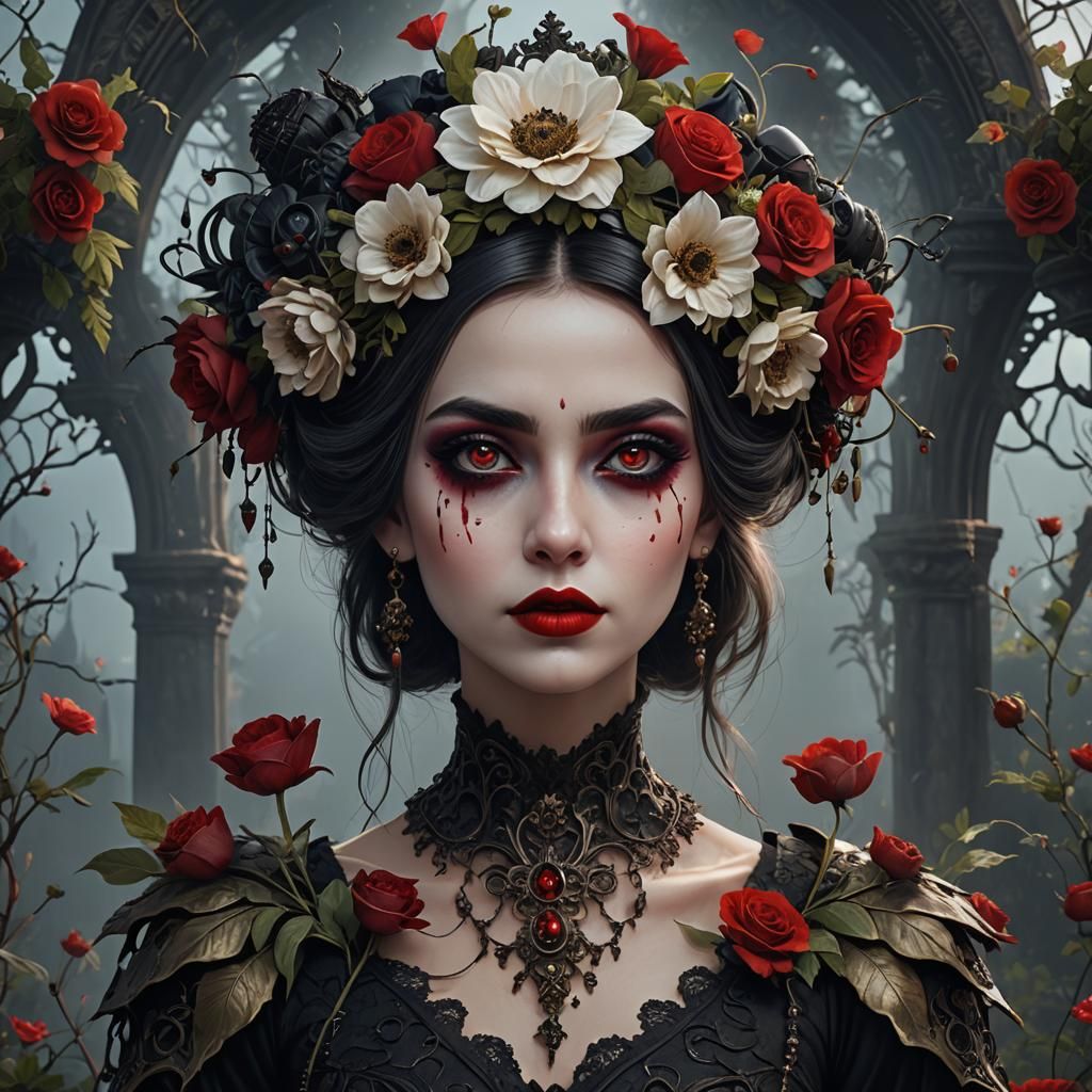 Gothic Beauty with Flowers: Fantasy Concept Art