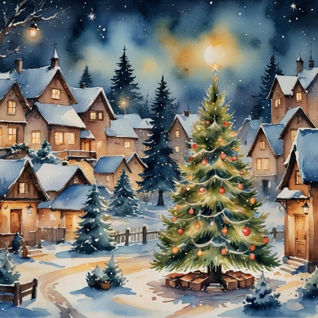 Vibrant Watercolor Christmas Tree in Snowy Village