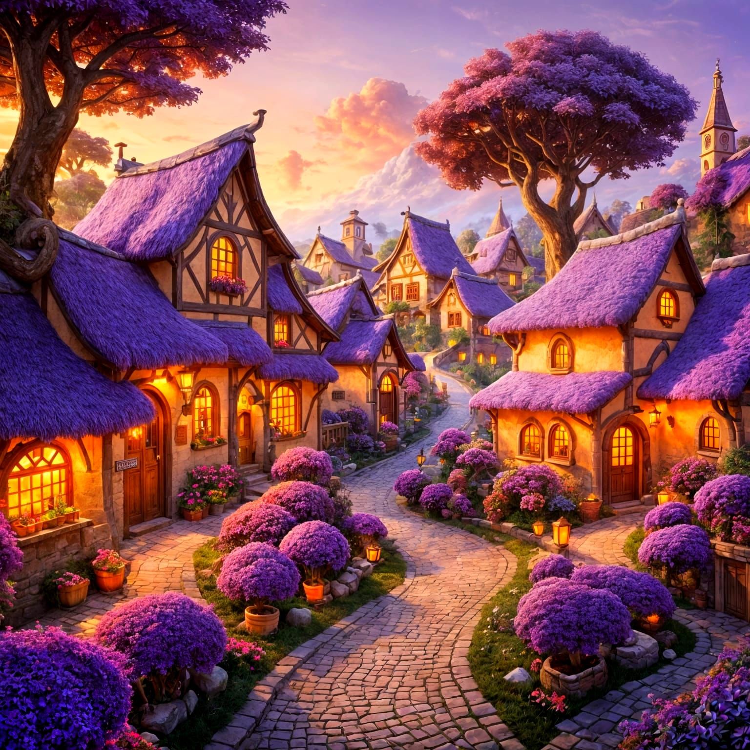 Whimsical Sunset Village in Vibrant Colors