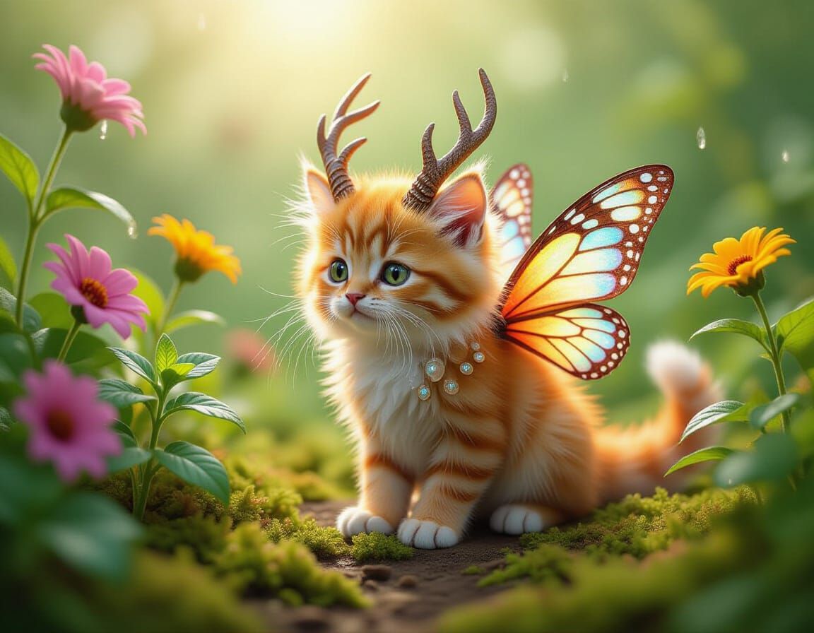 Fluffy Ginger Dragon-Cat Explores Lush Garden Jungle