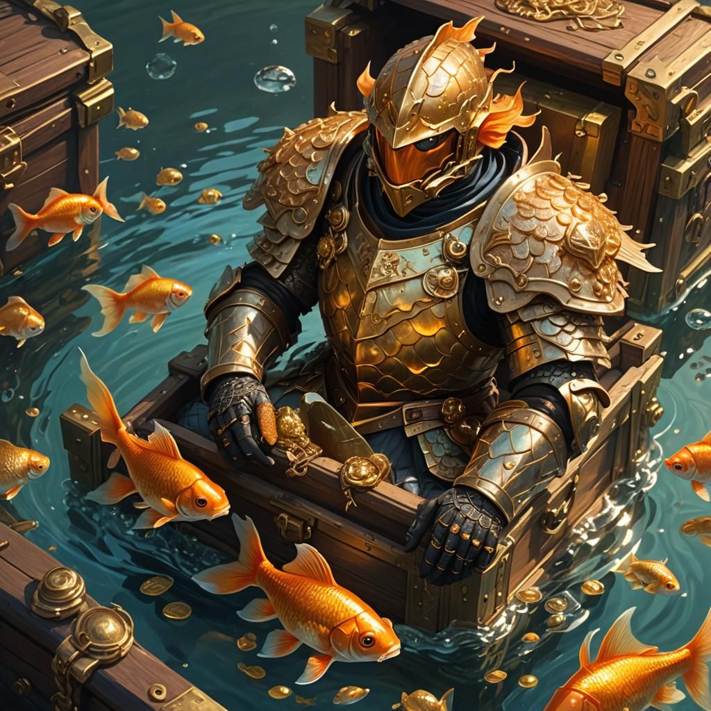 Goldfish Knight on Treasure Chest in Fantasy Style