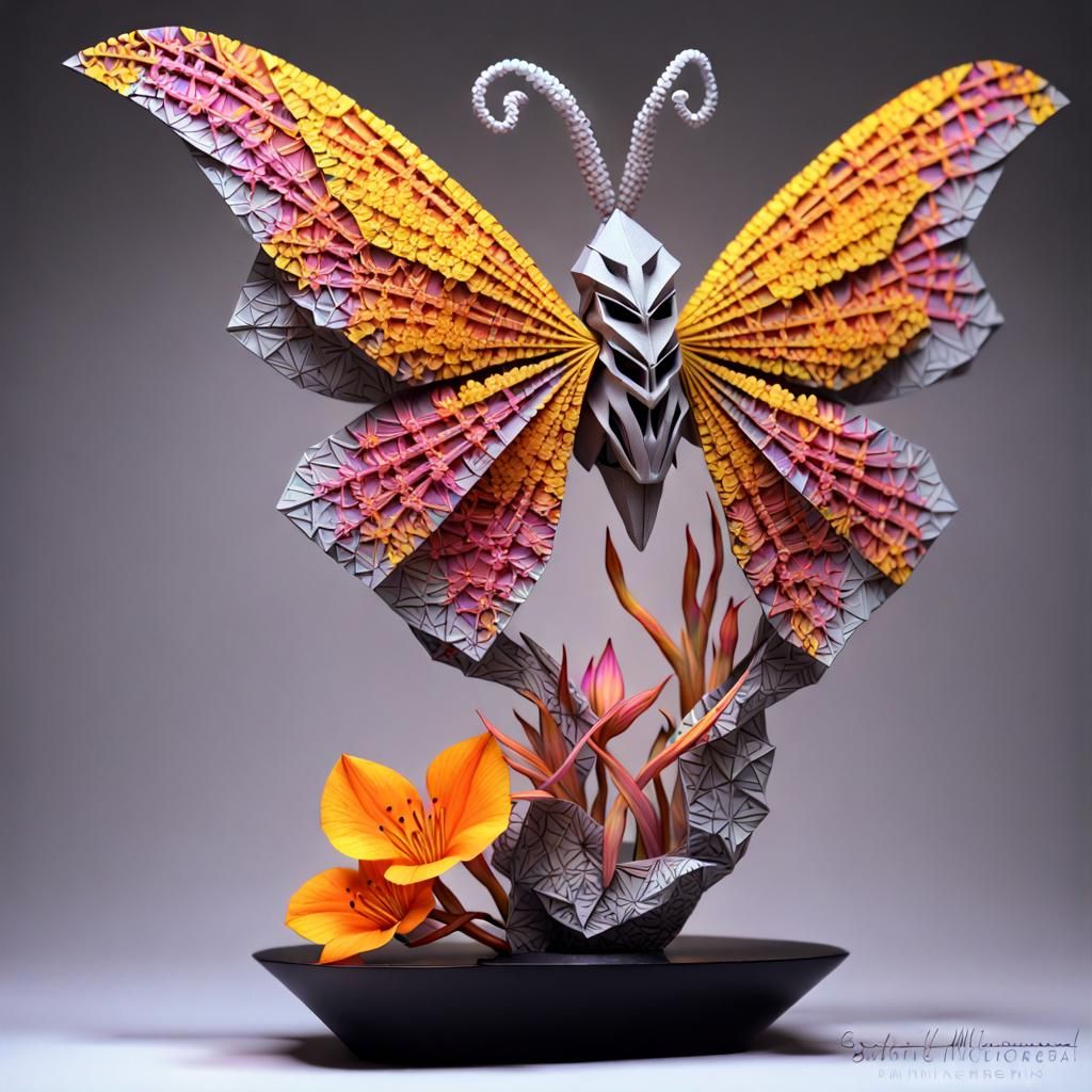 Photorealistic 3D Origami Moth Statue in Ikebana Garden
