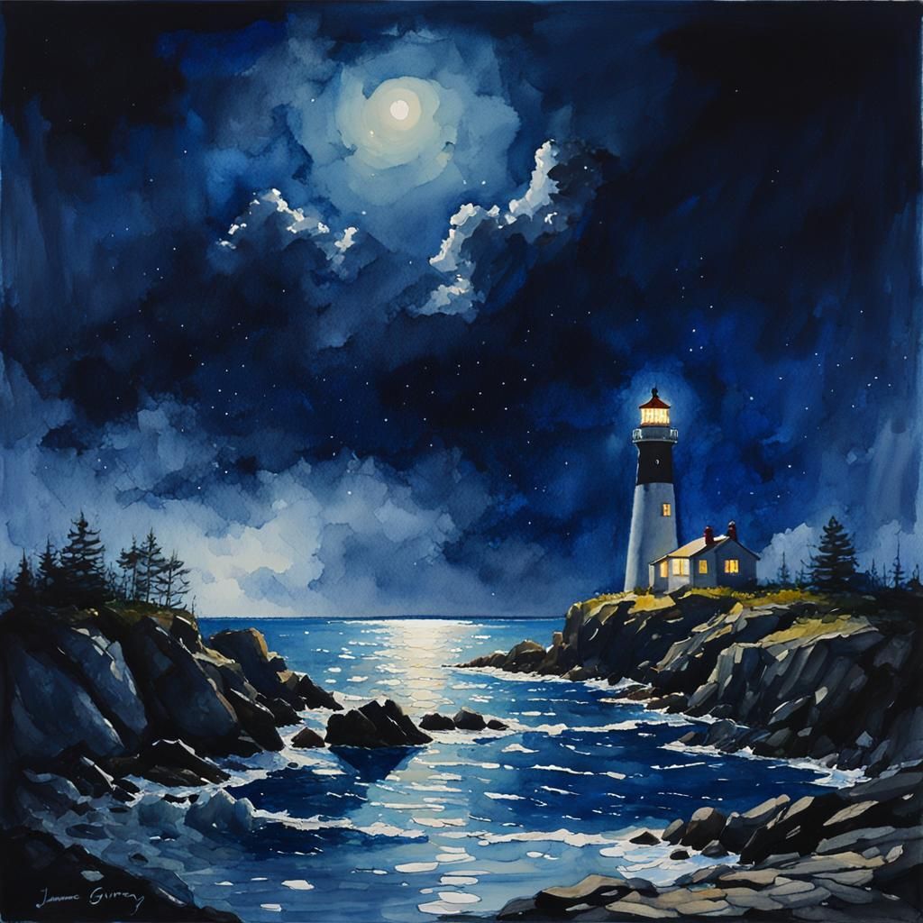 Lighthouse at Night: Watercolor Painting