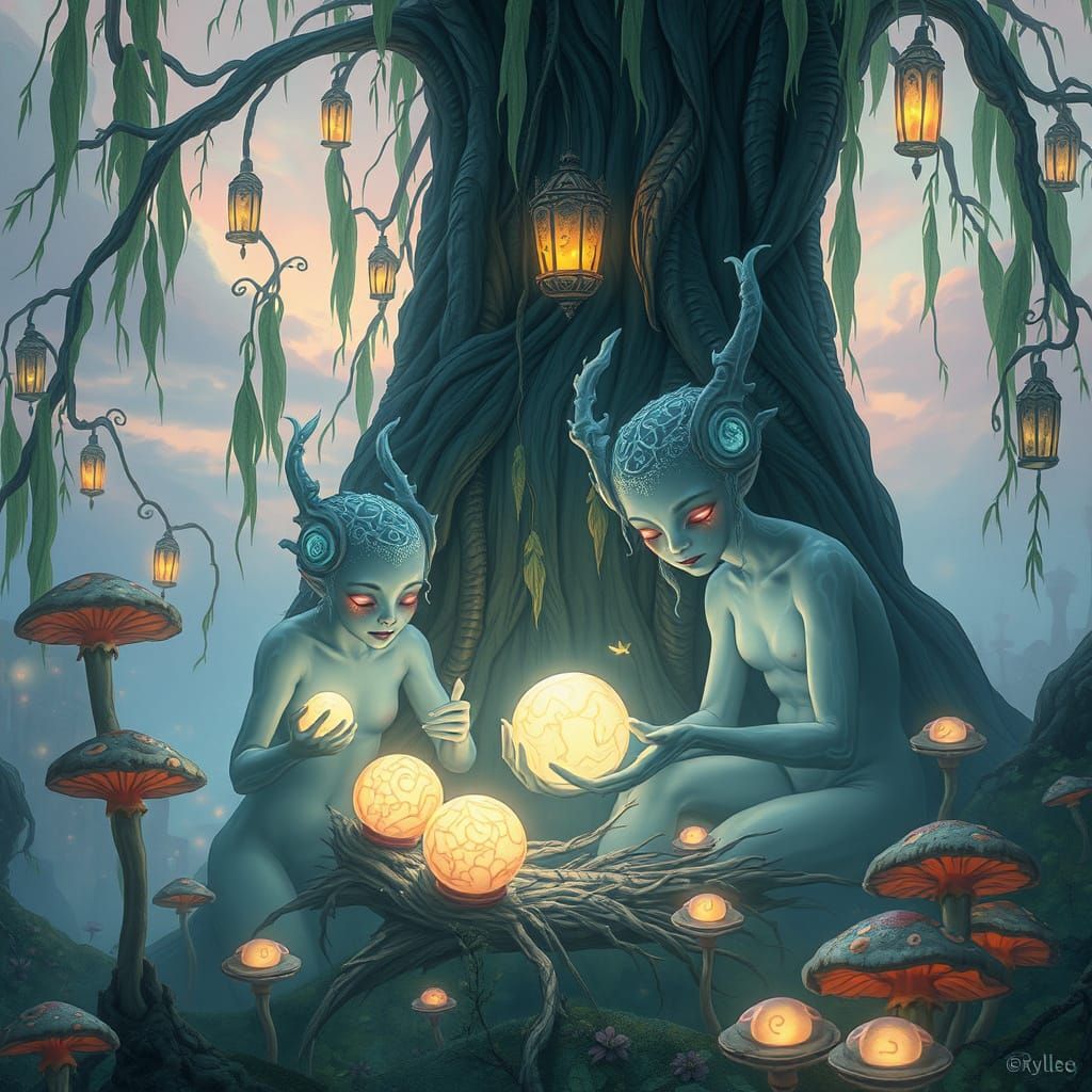 Ethereal Tornfolk Harvesting Shimmering Orbs in Bioluminesce...