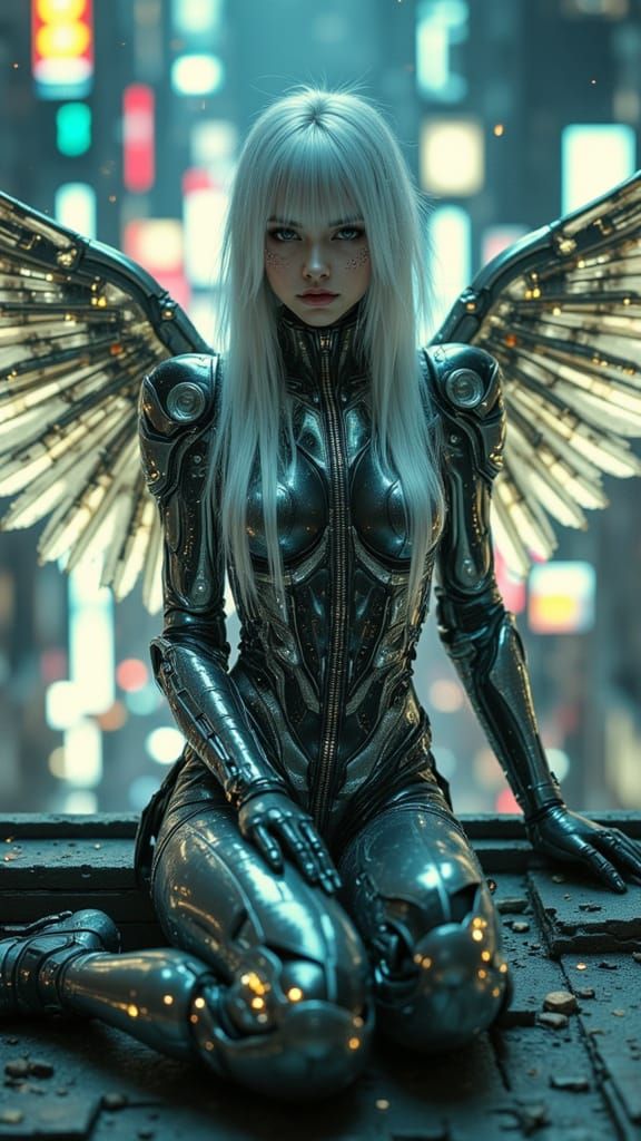 Cyberpunk Angel in Futuristic Cityscape