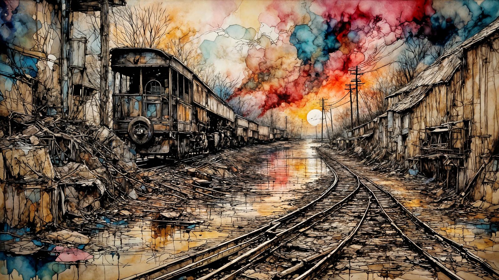 Dramatic Railroad Bridge Collapse in 1940s Realism