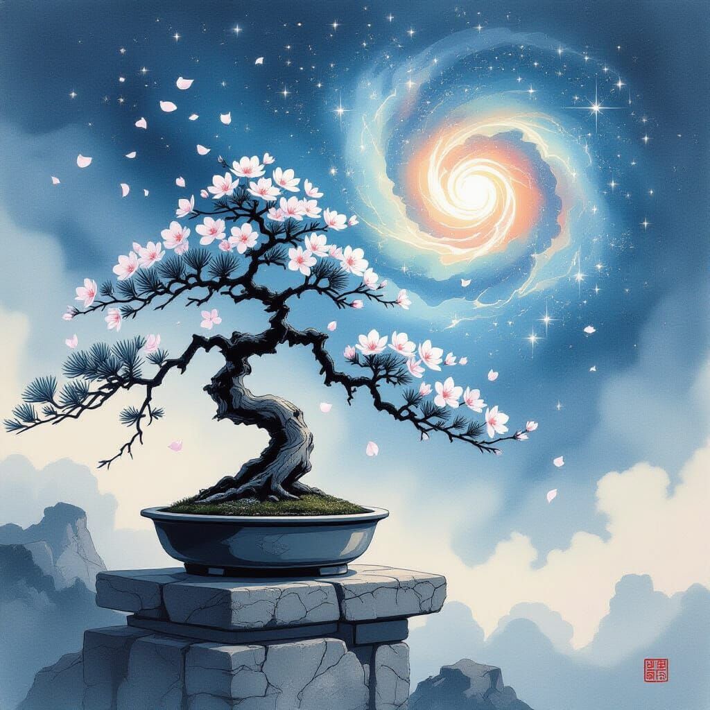 Ancient Bonsai Tree Under Cosmic Nebula