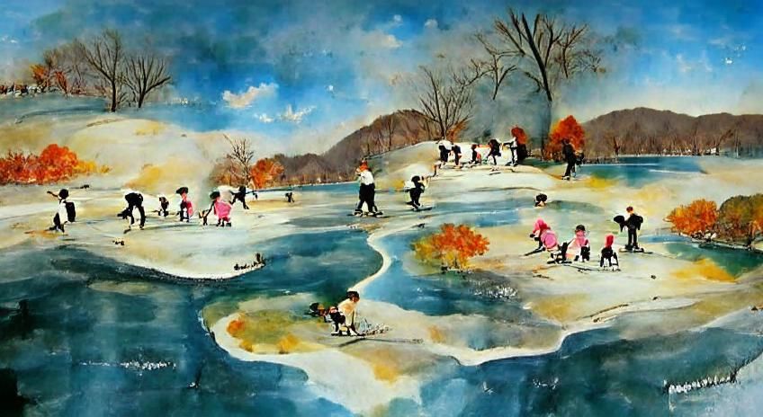 Children Skating on Frozen Lake Watercolor Painting