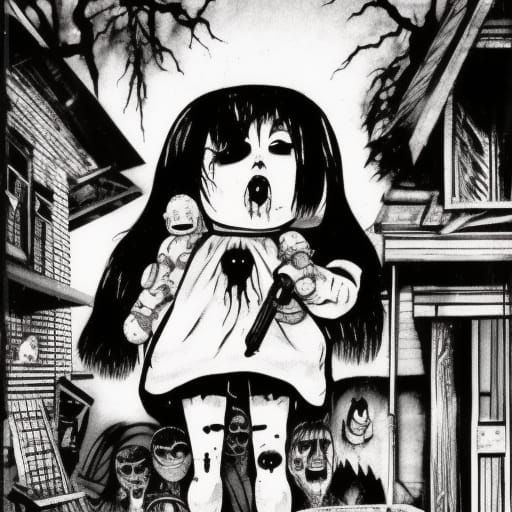Scary Horror Girl in Manga Style with Monsters