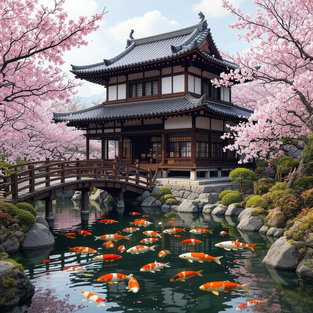 Japanese House with Cherry Trees and Koi Pond in Hyperrealis...