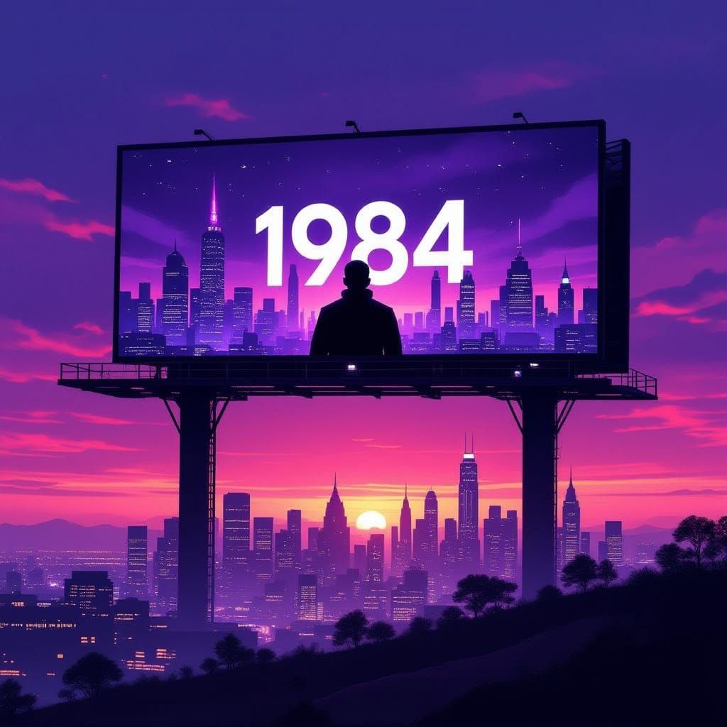 Dystopian Cyberpunk Cityscape with Big Brother Jumbotron