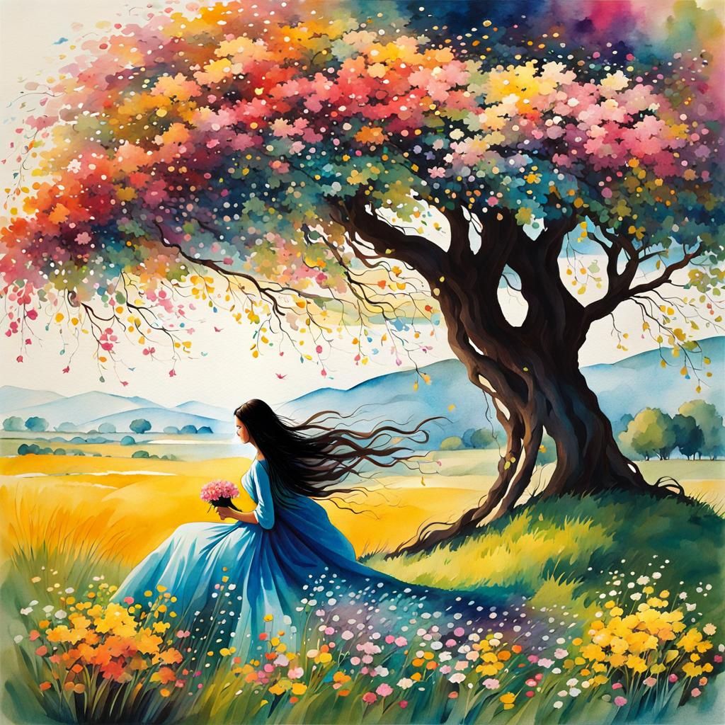 Windy Day: Woman in Field, Watercolour Illustration