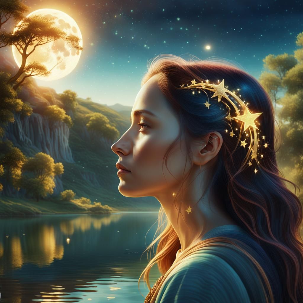 Virgo Woman in Moonlit Valley: Digital Matte Painting