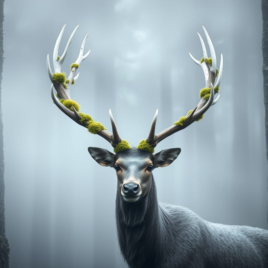 Majestic Ash-Gray Stag in Foggy Forest