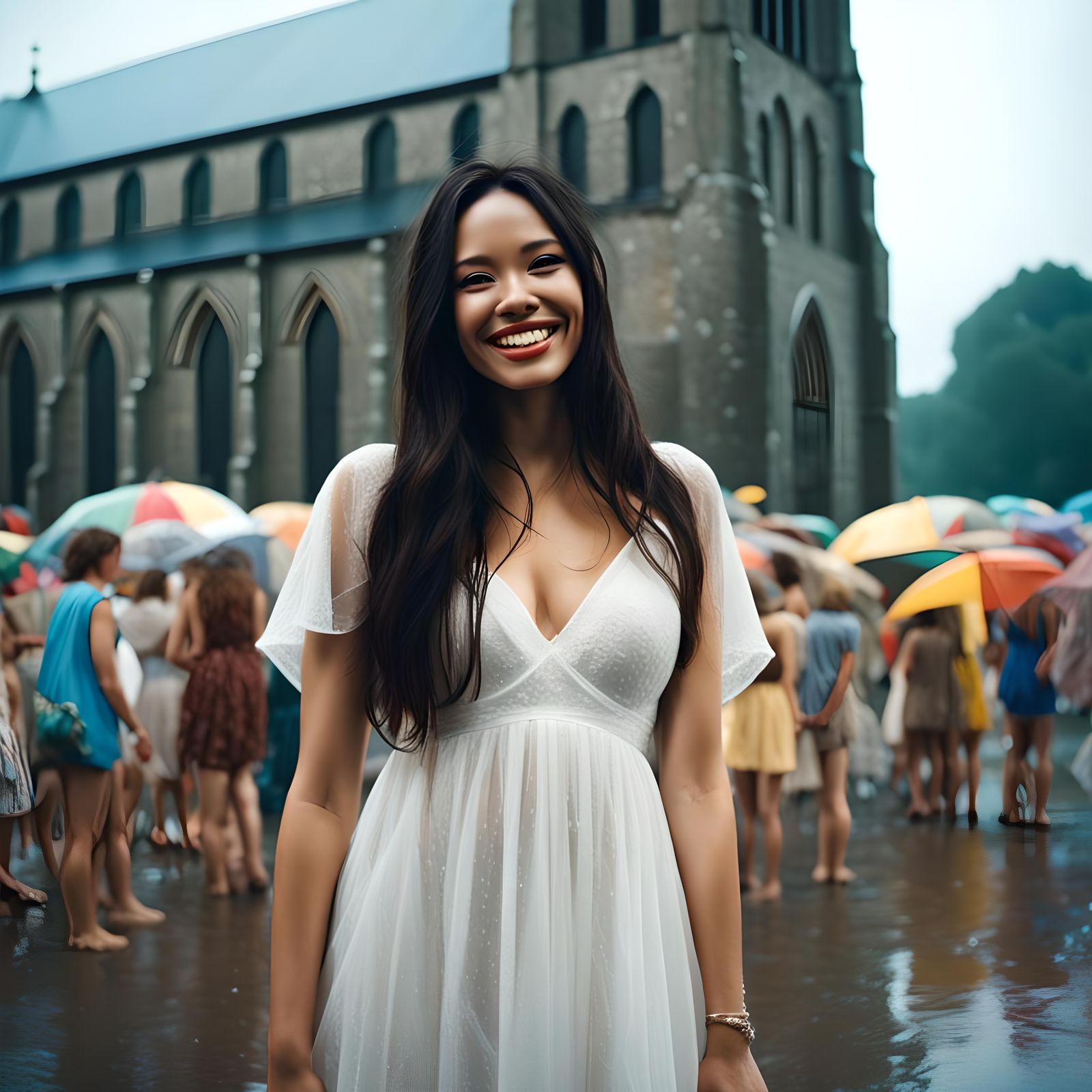 Woman in White Dress at Rainy Music Festival