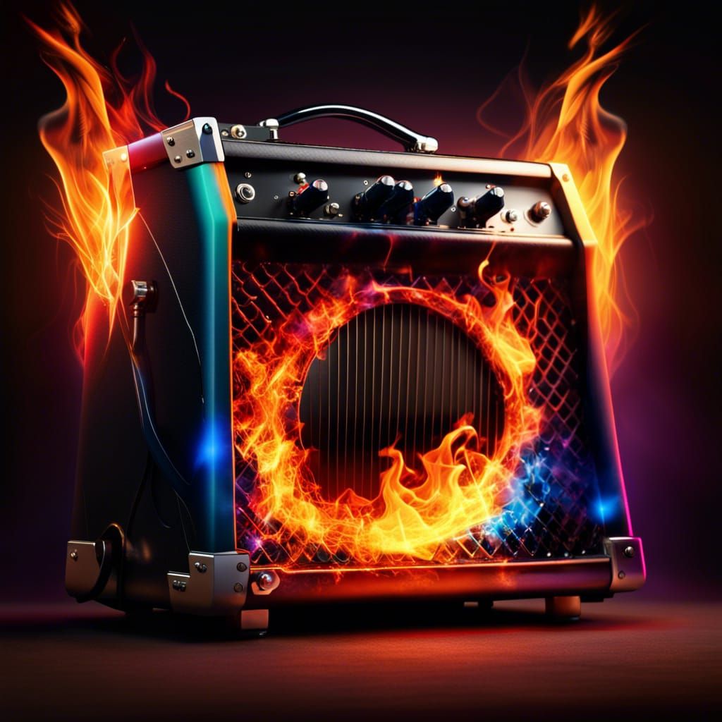 Guitar Amplifier on Fire: Hyperrealistic Splash Art