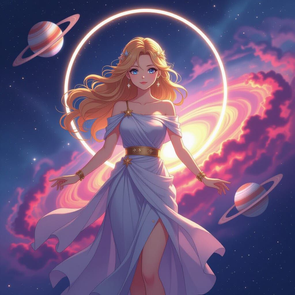 Cute Jupiter Goddess in Starry Space, Anime Style