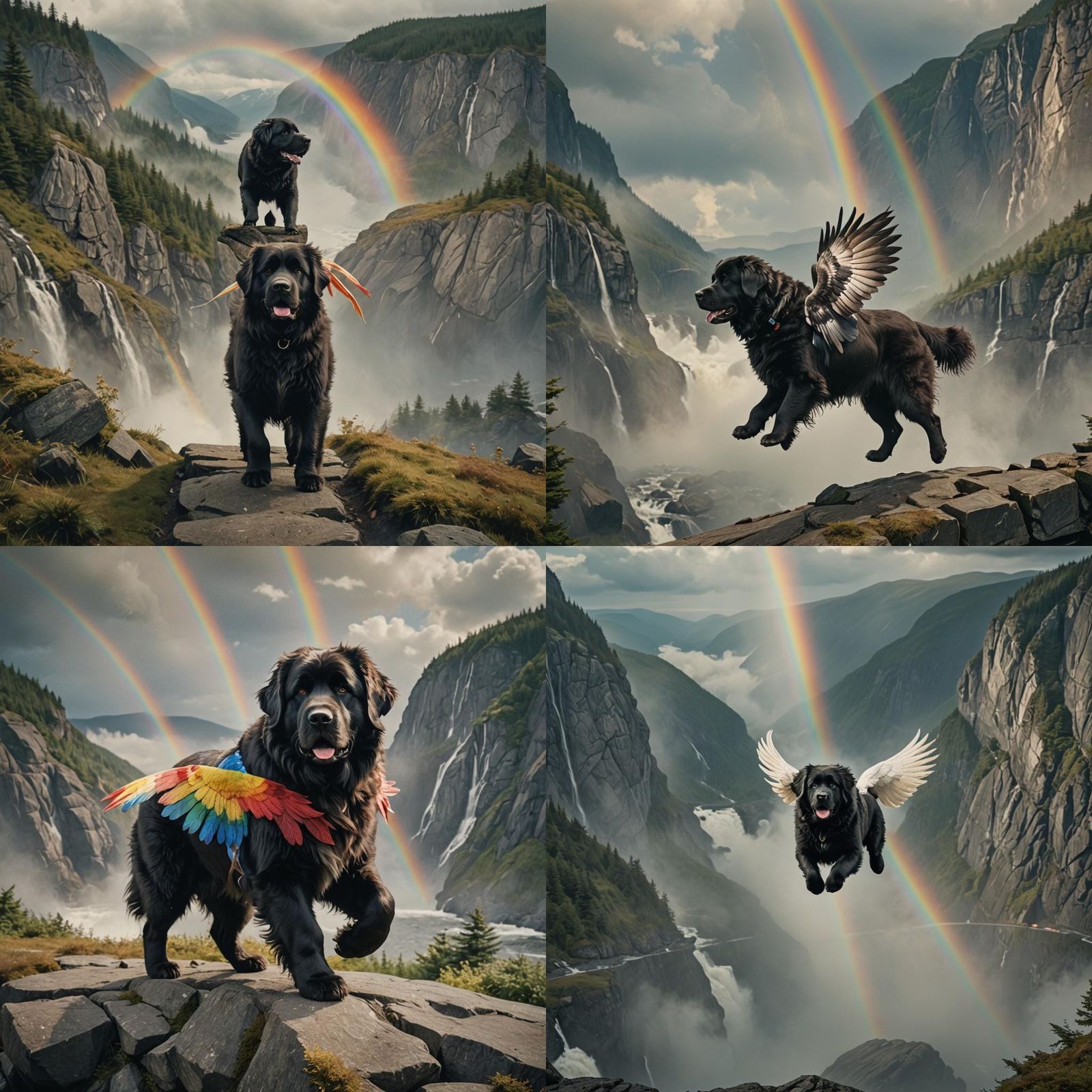 Winged Newfoundland Dog on Rainbow Bridge