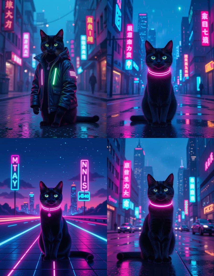 Black Cat in Synthwave Neon Retro Style