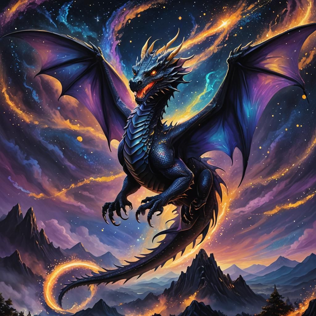 Black Dragon Soaring Through Starlit Sky, Oil Painting