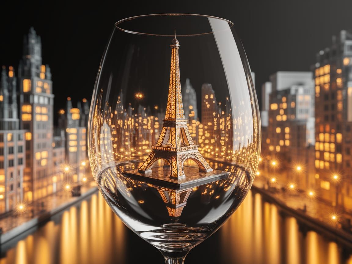 Paris Cityscape in Wine Glass: Photorealistic Miniature
