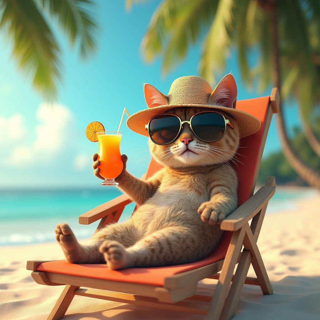 Cat on Beach in Sunglasses: Whimsical Digital Art