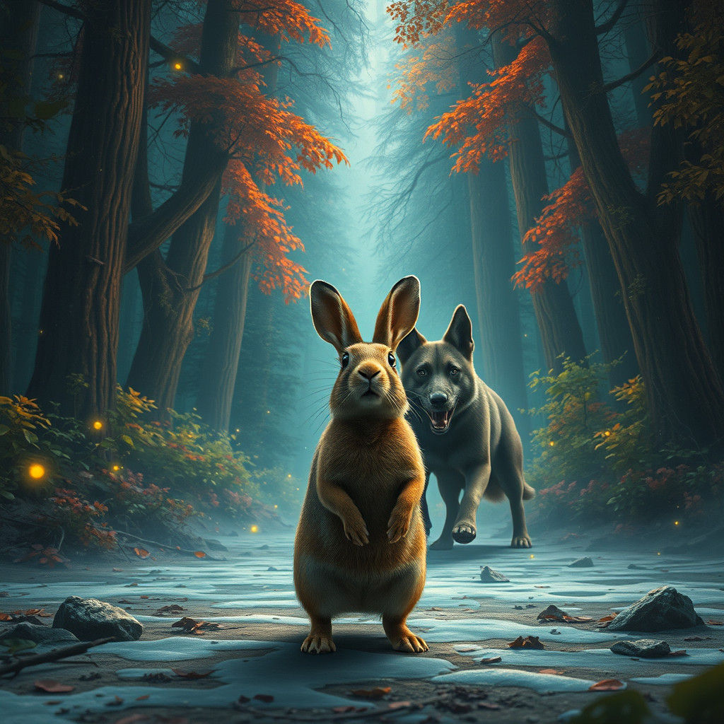 Hare Confronted by Dog in Enchanted Forest