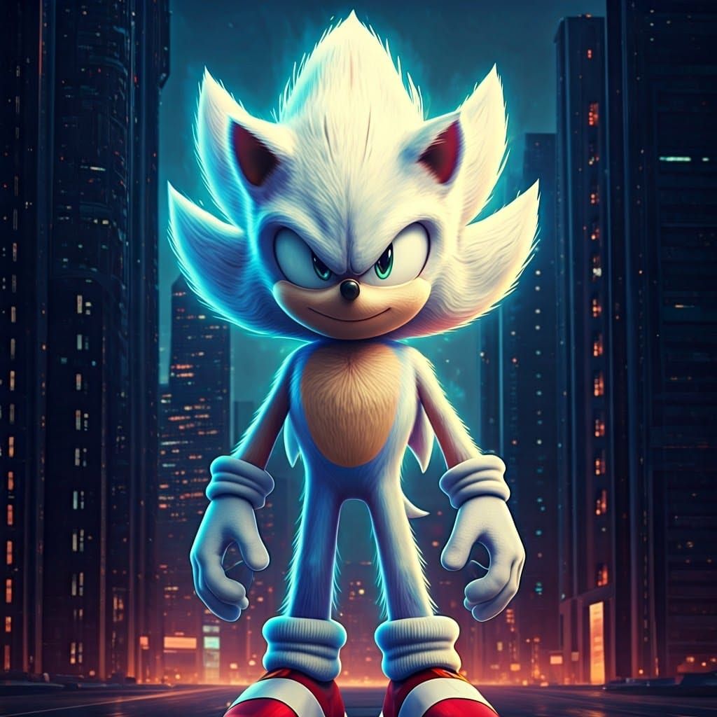 Hyper Sonic in Futuristic Cityscape, Comic Book Style