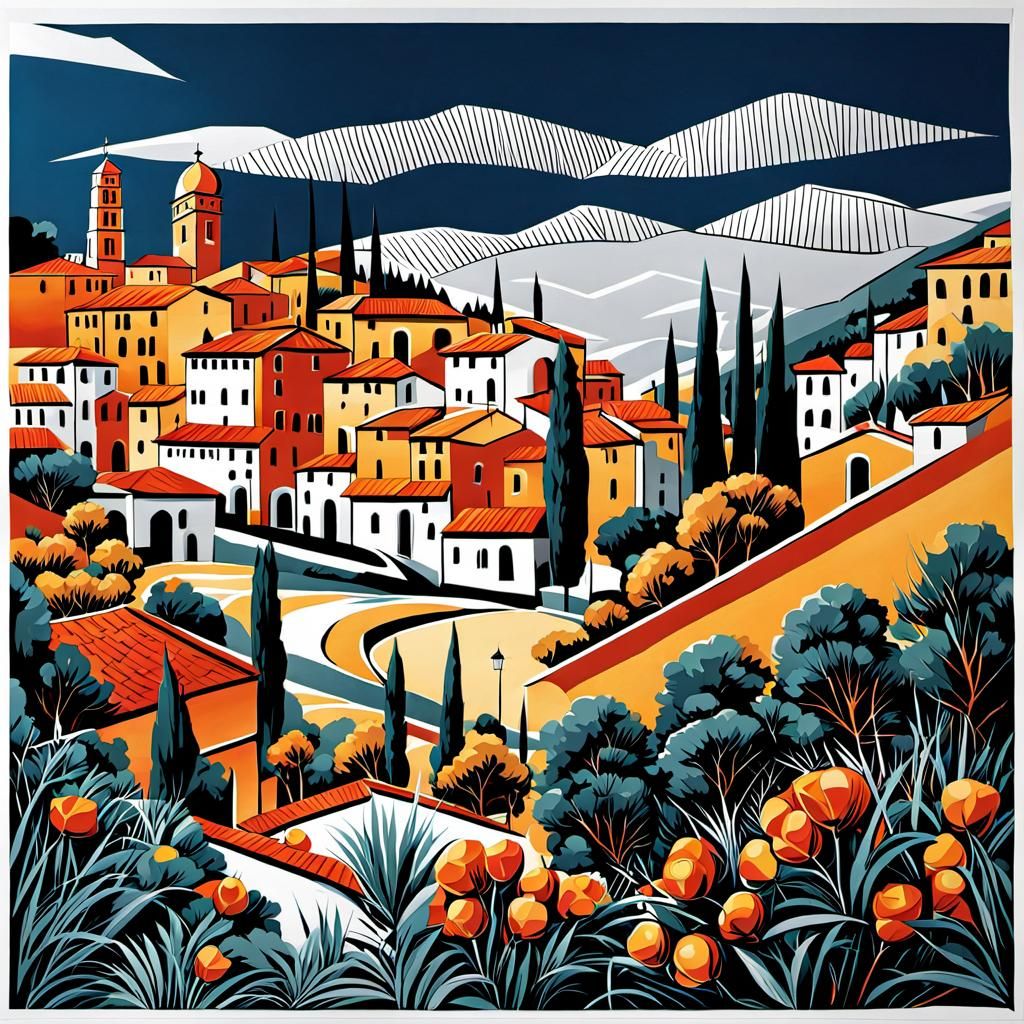 Schematic Italian Town Landscape in Black and White