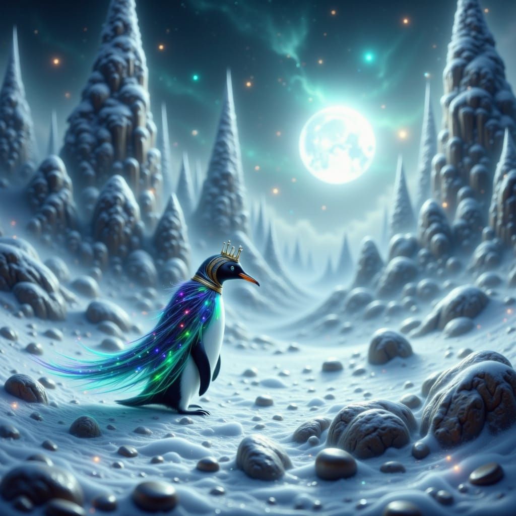Bioluminescent Penguin King in Crystalline Wasteland