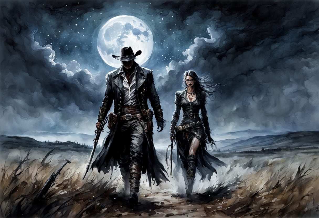 Cowboy and Death Walk Under Moonlight in Watercolor
